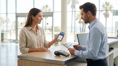 A red convertible car rental driving down Ocean Drive in Miami with palm trees and sunshine