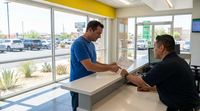 A person reviewing a car rental agreement with an agent at a service desk in Las Vegas