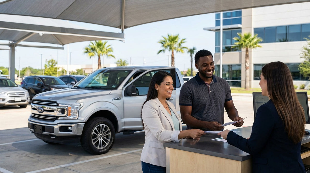 A person holding car keys in front of their modern car rental on a scenic highway in Texas