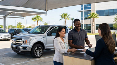 A person holding car keys in front of their modern car rental on a scenic highway in Texas