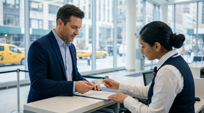 A person at a car hire counter in New York shows their driving licence to an agent to collect their vehicle