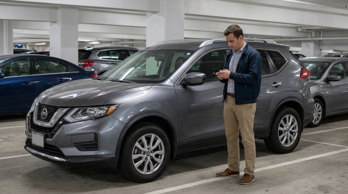 A blue car hire drives into a modern, ticketless parking garage in Philadelphia, Pennsylvania