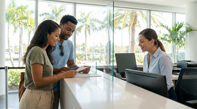 A modern car rental driving down a sun-drenched road lined with palm trees in Florida