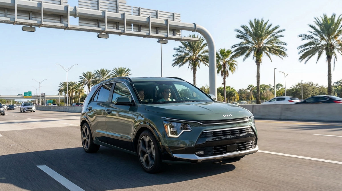 A car rental driving under a SunPass toll gantry on a sunny highway in Orlando