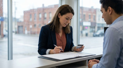 A silver car rental driving on a street in New York with the Manhattan skyline in the background