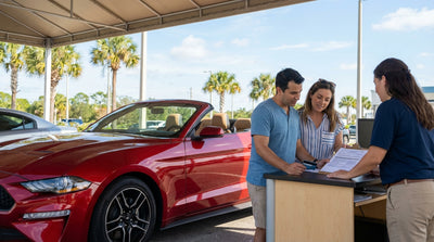 A convertible car rental driving down a sunny coastal highway lined with palm trees in Florida