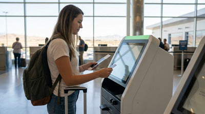 A traveler using a digital kiosk for a car rental inside the Las Vegas airport