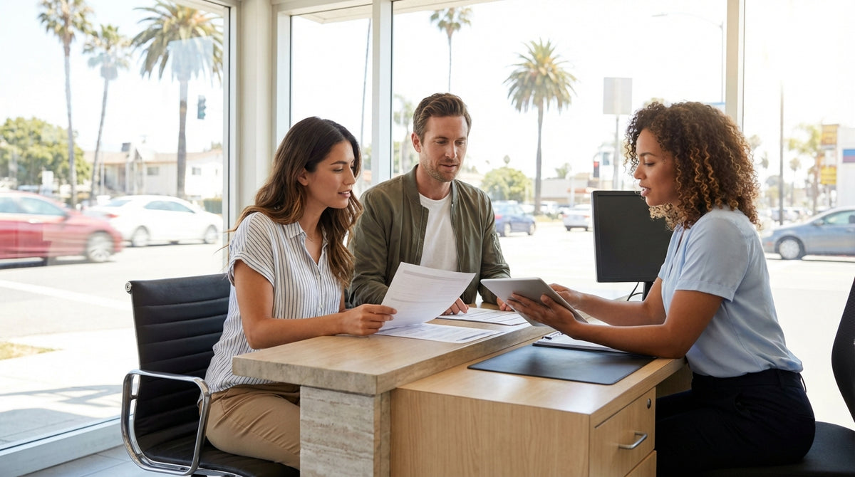 A convertible for car hire driving down a sunny, winding coastal road in California