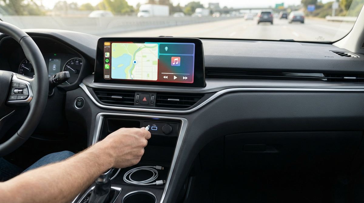 A hand plugging a smartphone into the USB port of a car rental dashboard on a sunny street in Los Angeles
