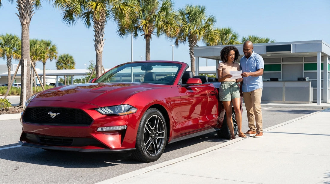 A convertible car hire driving on a sunny coastal road next to a turquoise ocean in Florida