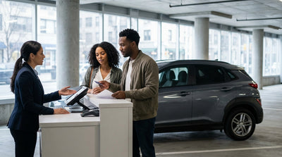 A person holding the keys to their car hire vehicle on a busy street with yellow cabs in New York City