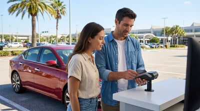A customer uses a debit card for their car rental at a sunlit airport counter in Orlando