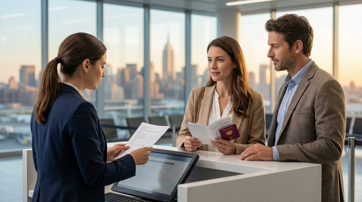 A modern car hire drives past yellow cabs and towering billboards in bustling Times Square, New York