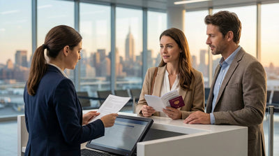 A modern car hire drives past yellow cabs and towering billboards in bustling Times Square, New York