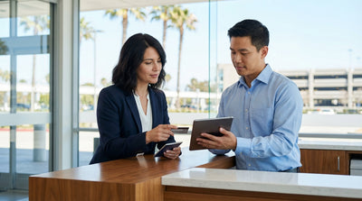 A woman drives a red convertible rental car along the sunny Pacific Coast Highway in California