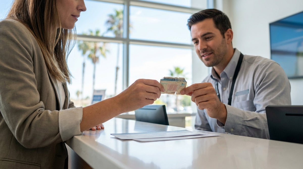 A person drives a red convertible car rental along a sunny coastal highway in California