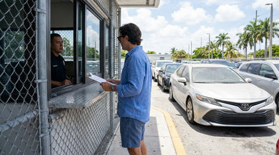 A red convertible car hire parked on a street in Miami with palm trees and a sunny blue sky