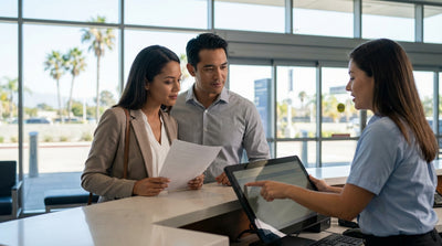 A traveler with a suitcase waits by their car rental vehicle under palm trees at the Los Angeles airport