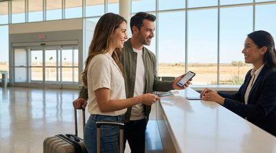 A white SUV car rental is parked on a dusty road overlooking the vast Texas desert landscape under a blue sky
