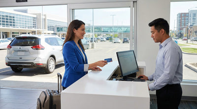 A person stands at a brightly lit car rental counter inside a busy US airport terminal, discussing options with an agent