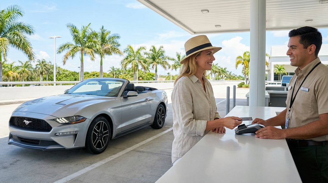 A sleek car rental cruises past Art Deco buildings on a sun-drenched street in Miami