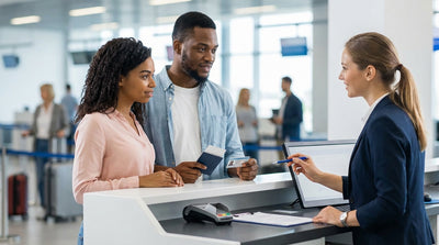 A person receives keys for their car rental at a service counter in the United Estates