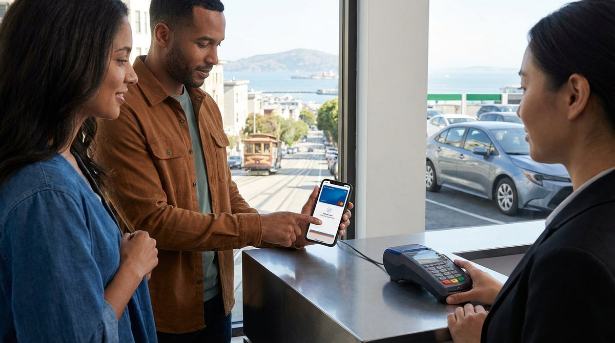 A person holding a credit card over a payment terminal at a San Francisco car hire counter