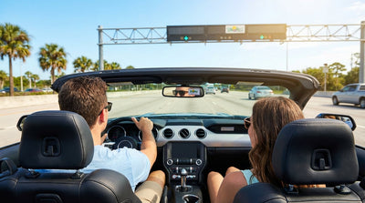 View from a car rental driving on a sunny, palm-tree-lined highway in Florida