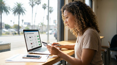 A red convertible car rental driving along the sunny Pacific Coast Highway in California