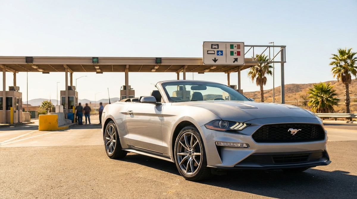 A car rental sedan drives on a sunlit desert highway in California towards the Mexico border