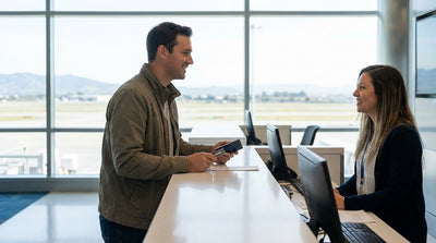 A silver car rental drives across the Golden Gate Bridge on a sunny day in San Francisco