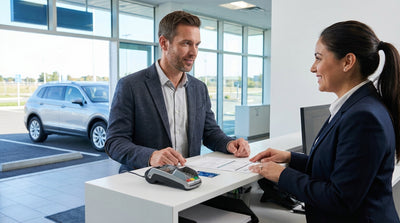 A red convertible car hire drives on a scenic highway along the sunny California coast