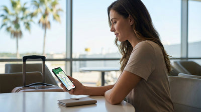 A person holding a smartphone to set up navigation before their car hire journey on a sunny day in Orlando