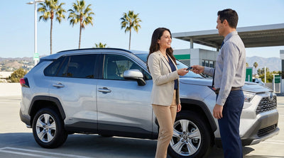 A white convertible car hire driving down a sunny street lined with palm trees in Los Angeles
