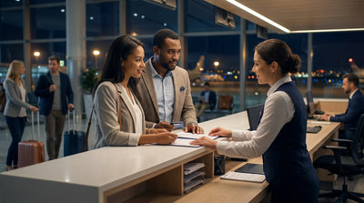 A brightly lit car hire counter inside the Las Vegas airport with travelers waiting in line for service