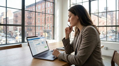 A white sedan car rental driving on a busy New York City street with traffic and tall buildings