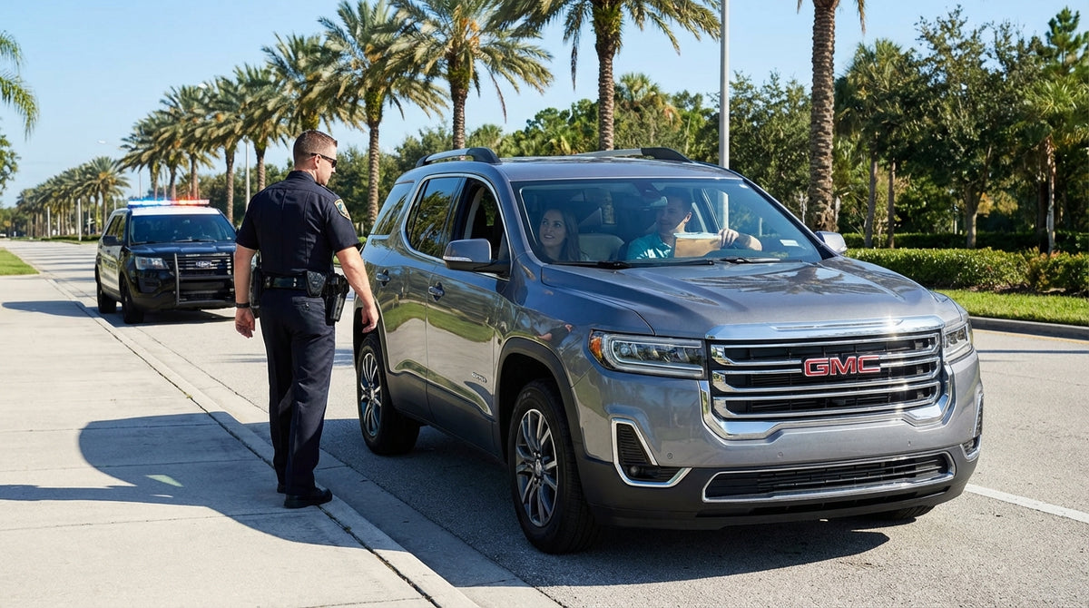 A car rental pulled over on the shoulder of a sunny Orlando road with a police car behind it