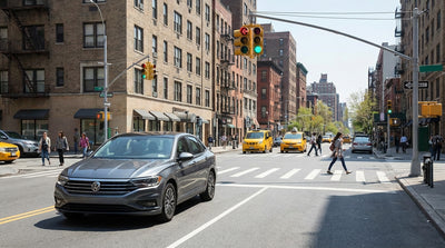 A car hire turning left at a busy New York City intersection under a green arrow traffic light