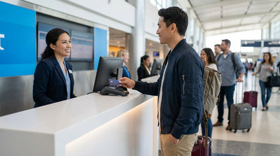 A traveler pays for their New York car hire by tapping a contactless credit card on a terminal