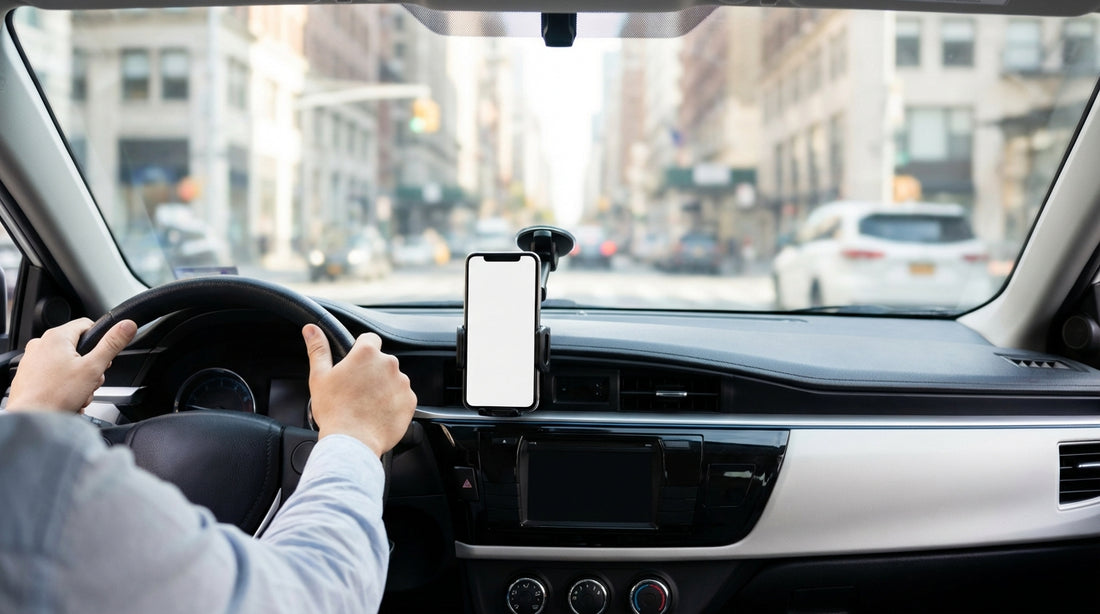 A phone on a windscreen mount inside a car hire with a view of the busy streets of New York City