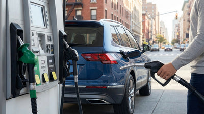 A person puts a fuel nozzle into their white car hire vehicle at a gas station pump in New York