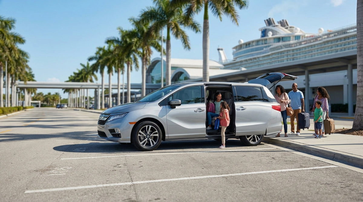 A car rental dropping off passengers at the sunny Port Canaveral cruise terminal with a ship in the background
