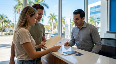 A convertible car rental driving down a sunny, palm-lined street in Miami with Art Deco hotels in the background