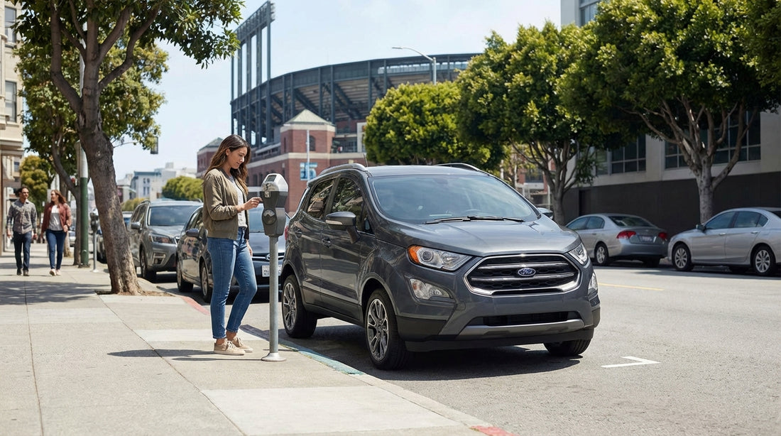 A modern car hire drives past Oracle Park on a busy street in San Francisco