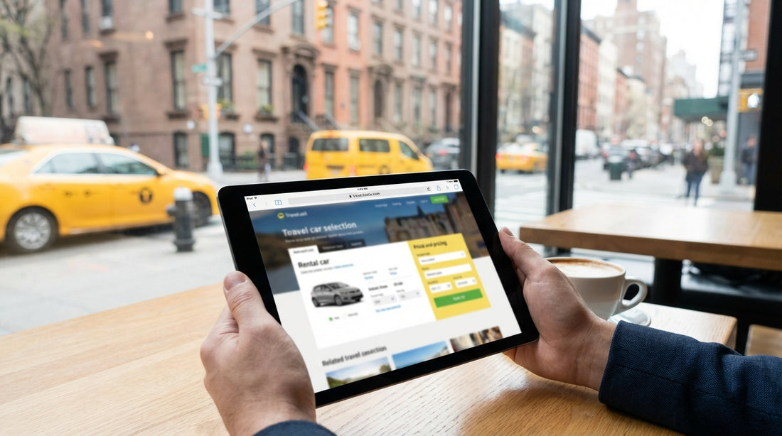 A white SUV car rental driving across the Brooklyn Bridge in New York City with a view of downtown skyscrapers