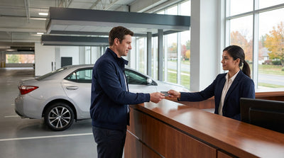 A modern car rental driving on a scenic road through the rolling hills of Pennsylvania during autumn
