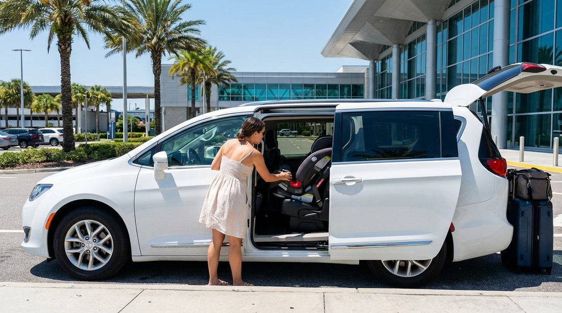 A parent installing a child safety seat into the back of their car rental in a sunny Orlando lot