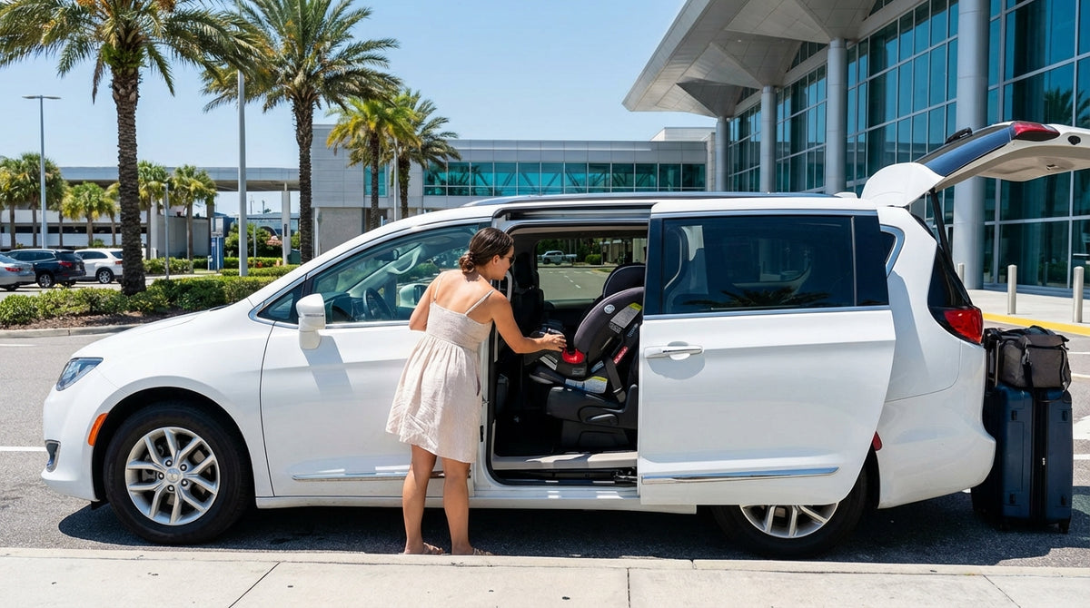 A parent installing a child safety seat into the back of their car rental in a sunny Orlando lot