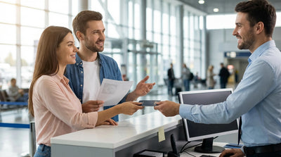 Traveler shows a passport at a car hire counter in a United States airport terminal