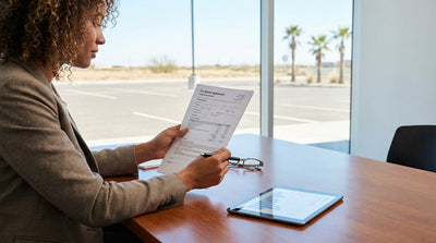 A red car rental drives down a scenic, empty highway stretching through the Texas hill country